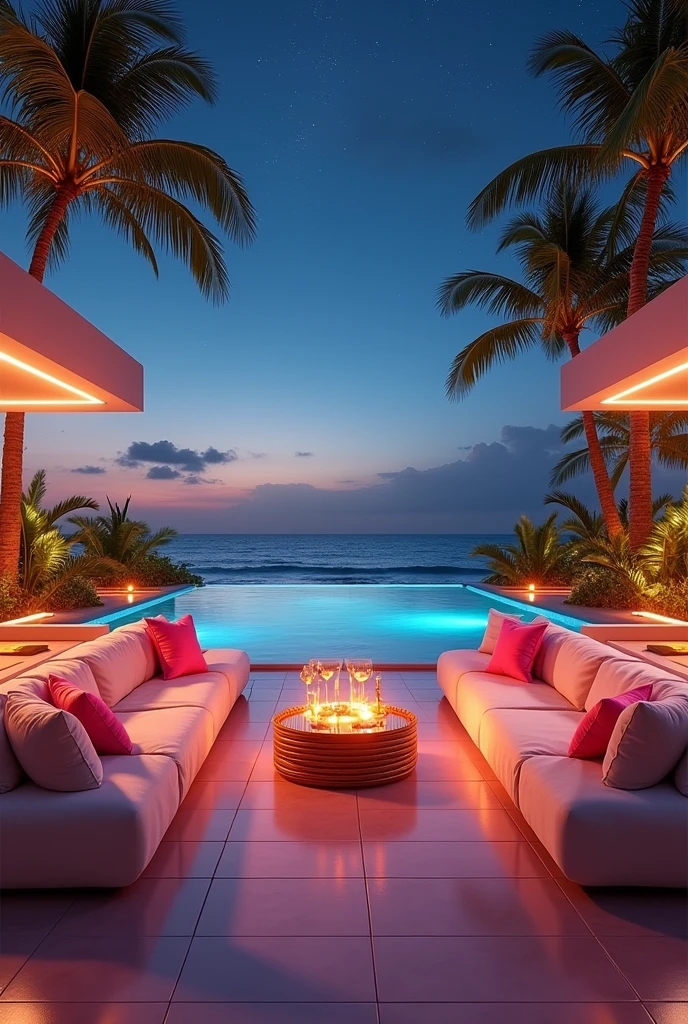 A stunning 3D representation of a luxurious paradisiacal setting, capturing the essence of opulence and natural beauty and surealism. The scene is viewed from a luxurious terrace adorned with plush cushions and modern lighting that exude warmth and elegance. in the center a small table with cocktails. In the background, the clear night over the calm sea, giving a bright tone to the swaying palm trees. The overall atmosphere is cinematic and modern, evoking a sense of glamor and sophistication., photo, fashion, vibrant colors cinematic, 3D rendering