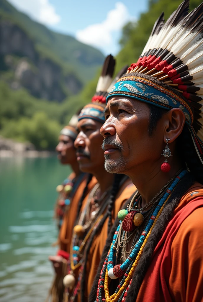 Native American Indian Tribe. Close-up of colorfully dressed native men on the bank of a river