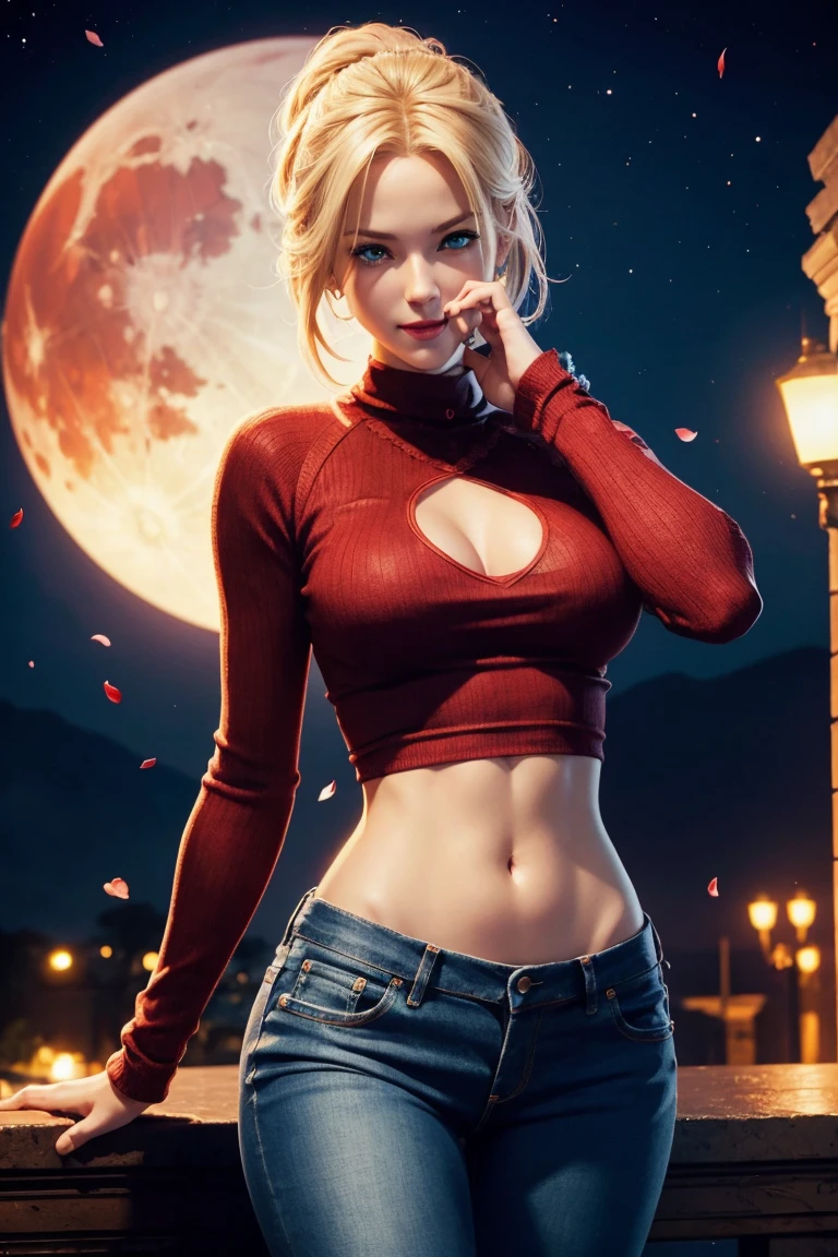KOF,King of Fighters,Blue Mary,Blue Eyes,Blonde Hair,Medium Hair,Beautiful white skin,Photorealistic,Ultra HD,high quality,masterpiece,Digital SLR,Detailed details,Intricate details,Anatomical basis,Depicted in detail,A detailed face,Realistic skin texture,Vivid details,Perfect Anatomy,Perfect Anatomy,Anatomically correct hand,Anatomically correct fingers,Super Detail,Complex 3D rendering,Sexy pose,Red knitted tops,No sleeve,jeans,Fantasy worldview,Beautiful red sea,Beautiful Red Moon,Beautiful night sky,Petals of roses dance,Picturesque,Pink Lips,smile,