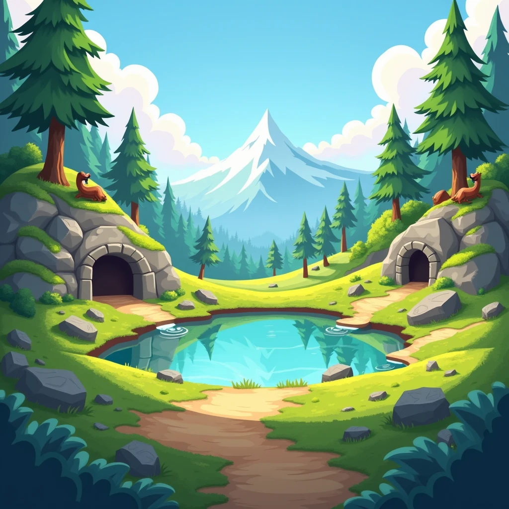 Create a videogame main manu background, is a survival videogame, be creative, PC background, make it in a little mountain with good ilumination, make it style animated, with strength colors, make with a little lake, with trees and little caves in a meadow with best colors, make rocks and tress but less mountain, a more more less mountain