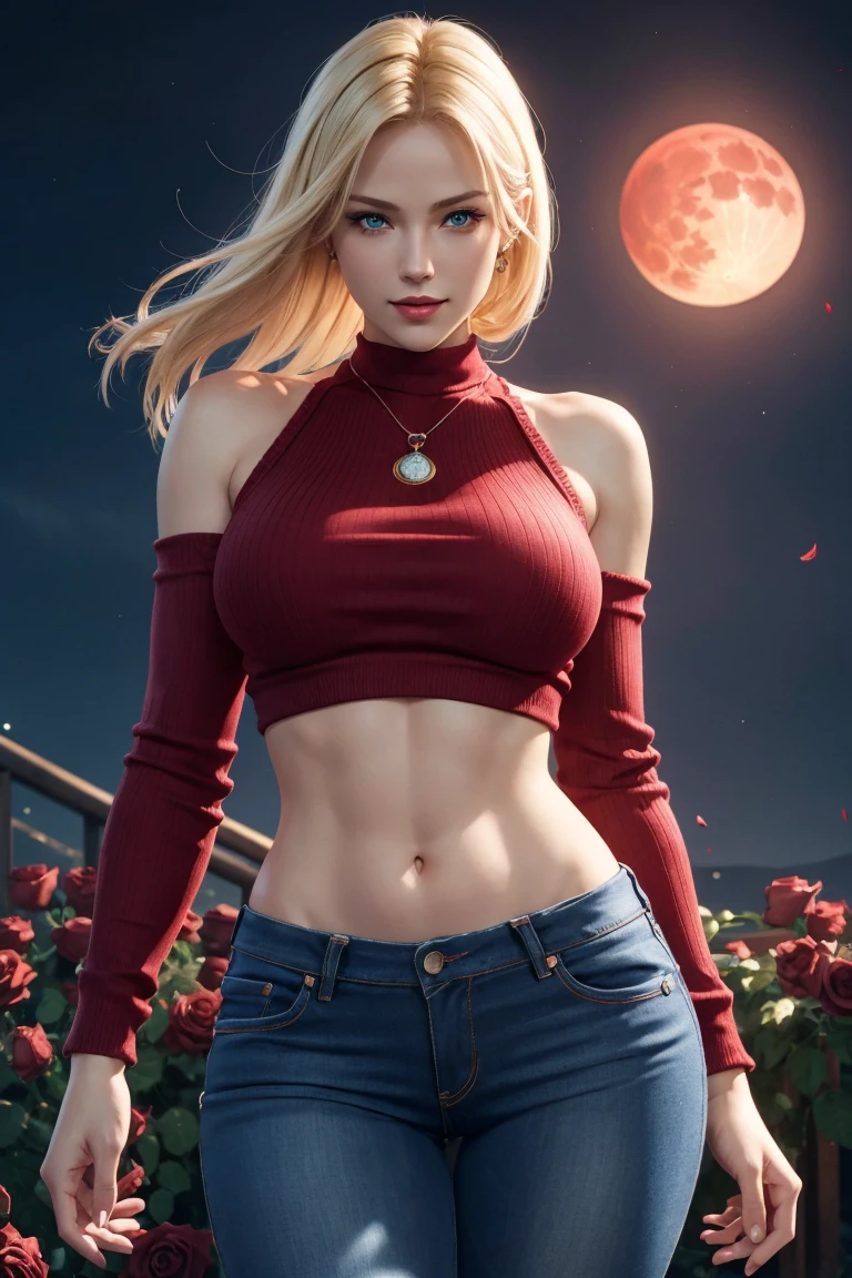 KOF,King of Fighters,Blue Mary,Blue Eyes,Blonde Hair,Medium Hair,Beautiful white skin,Photorealistic,Ultra HD,high quality,masterpiece,Digital SLR,Detailed details,Intricate details,Anatomical basis,Depicted in detail,A detailed face,Realistic skin texture,Vivid details,Perfect Anatomy,Perfect Anatomy,Anatomically correct hand,Anatomically correct fingers,Super Detail,Complex 3D rendering,Sexy pose,Red knitted tops,No sleeve,jeans,Fantasy worldview,Beautiful red sea,Beautiful Red Moon,Beautiful night sky,Petals of roses dance,Picturesque,Pink Lips,smile,