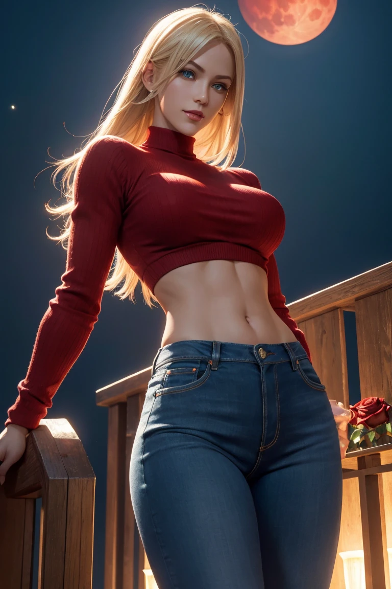 KOF,King of Fighters,Blue Mary,Blue Eyes,Blonde Hair,Medium Hair,Beautiful white skin,Photorealistic,Ultra HD,high quality,masterpiece,Digital SLR,Detailed details,Intricate details,Anatomical basis,Depicted in detail,A detailed face,Realistic skin texture,Vivid details,Perfect Anatomy,Perfect Anatomy,Anatomically correct hand,Anatomically correct fingers,Super Detail,Complex 3D rendering,Sexy pose,Red knitted tops,No sleeve,jeans,Fantasy worldview,Beautiful red sea,Beautiful Red Moon,Beautiful night sky,Petals of roses dance,Picturesque,Pink Lips,smile,