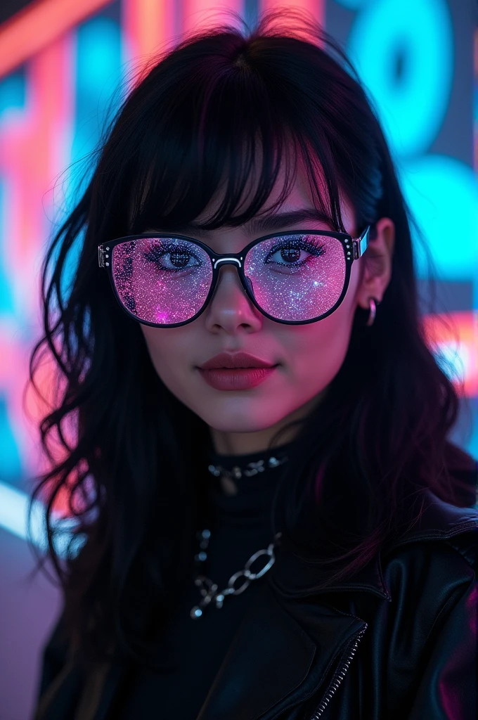 Portrait of an attractive beautiful woman with dark hair in gothic outfit, (Very detailed: 1.2), Use high-tech sunglasses with ultra-precise eyes and holographic display 1.2) ,Beautiful multidimensional geometric wall, Bright and vibrant colors,