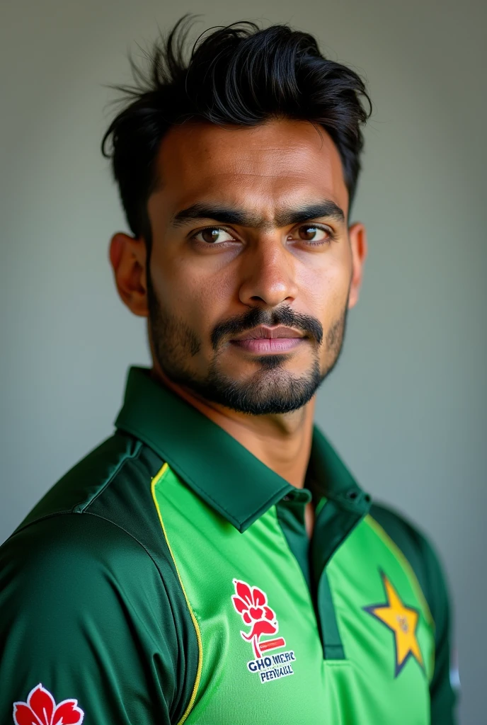 A Pakistani man wearing a Pakistani cricket shirt with the name of Noman