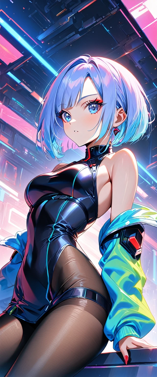 cyber punk edgerunners, 1 person, Lucy (cyber punk), Exposing shoulders, blue eyes, chest, tights, Looking at the audience, medium chest, Off the shoulder夹克, Off the shoulder, Red eyeliner, short hair, sleeveless turtleneck tights, alone, turtleneck tights, Gray Hair, ((masterpiece)) (Highest quality, masterpiece)