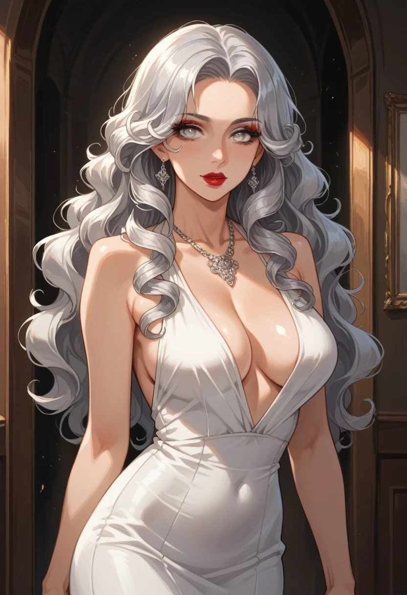 pale skin, silver eyes, a gorgeous woman, mature woman, breathtaking beauty, perfect skin, long hair, curly hair, silver hair, curly, perfect hourglass figure, (curvy body), ((makeup)) large breasts:1.2, (Compressed chest:1.3), (tempting body), create an image of a fantasy character wearing a backless white maxi dress that outlined her seductive body, makeup, lipstick, necklace, character in the middle, standing