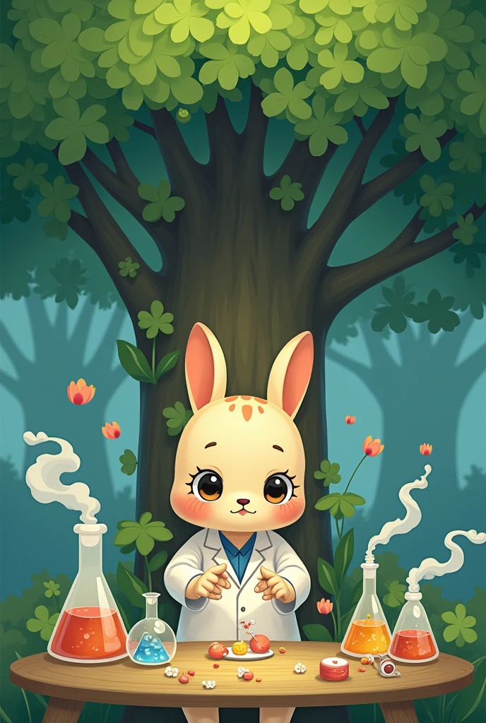 Image character of camphor tree cute He's wearing a white coat and doing an experiment.