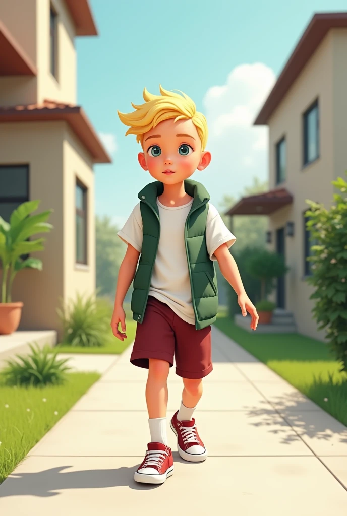 Young boy , head with few strands of blond hair, almost invisible.
Skinned: Your skin is white in color, with a light yellow skin tone, but without many details.
badass clothing: Doug is often seen wearing a white t-shirt with a green vest over it., shorts marrons, white socks and red sneakers.
cos: He has a slim and lean physical build..
muka: Her face is oval and her eyes are small and round., usually without many details. , is in your chic neighborhood