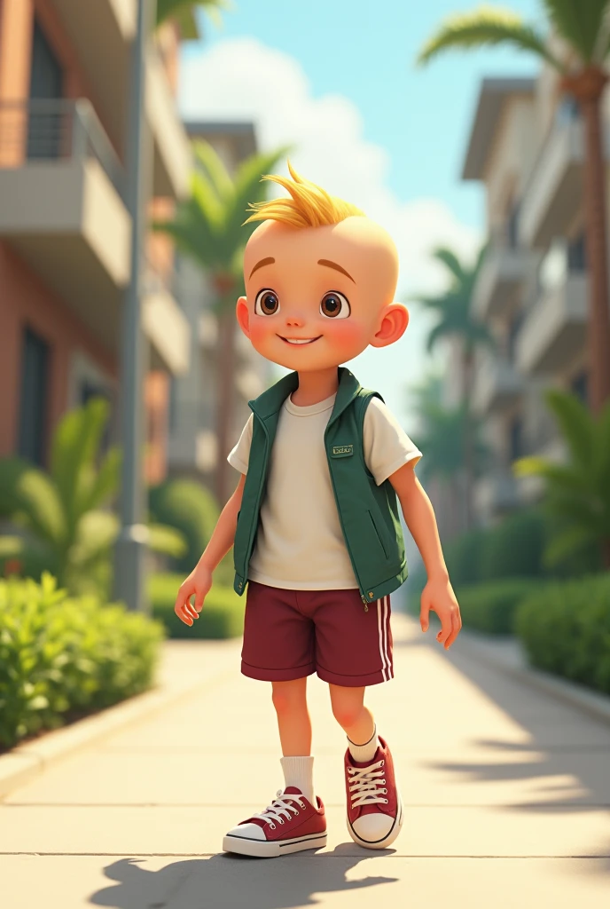 Young boy , head with few strands of blond hair, almost invisible.
Skinned: Your skin is white in color, with a light yellow skin tone, but without many details.
badass clothing: Doug is often seen wearing a white t-shirt with a green vest over it., shorts marrons, white socks and red sneakers.
cos: He has a slim and lean physical build..
muka: Her face is oval and her eyes are small and round., usually without many details. , is in your chic neighborhood