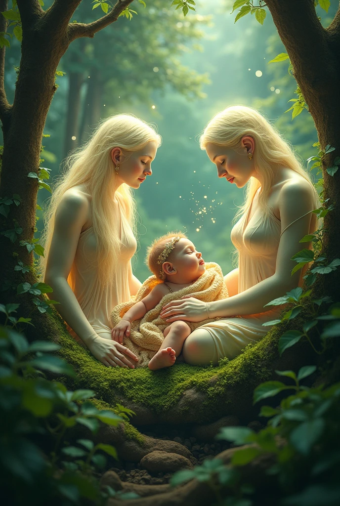 Indigenous baby in the green forest full of trees surrounded by two spirits of mystical and godlike aspects