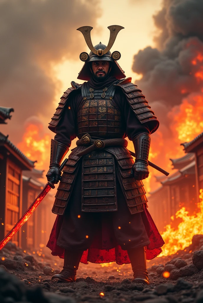 A shogun in a burning village angry holding his katana which red in color with hot tempered blade and he is alone
Hello has his full Armor