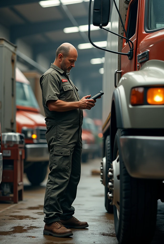 worker holding handheld, checking car, vehicle terminal, high realistic, super detailed