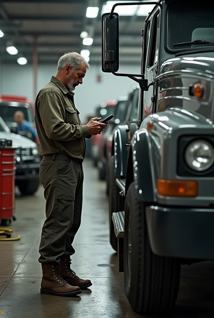 worker holding handheld, checking car, vehicle terminal, high realistic, super detailed