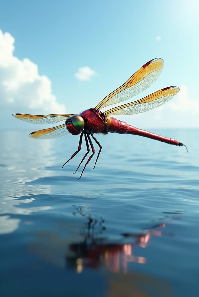 Dragon fly with an iron man costume  in the middle of the ocean 