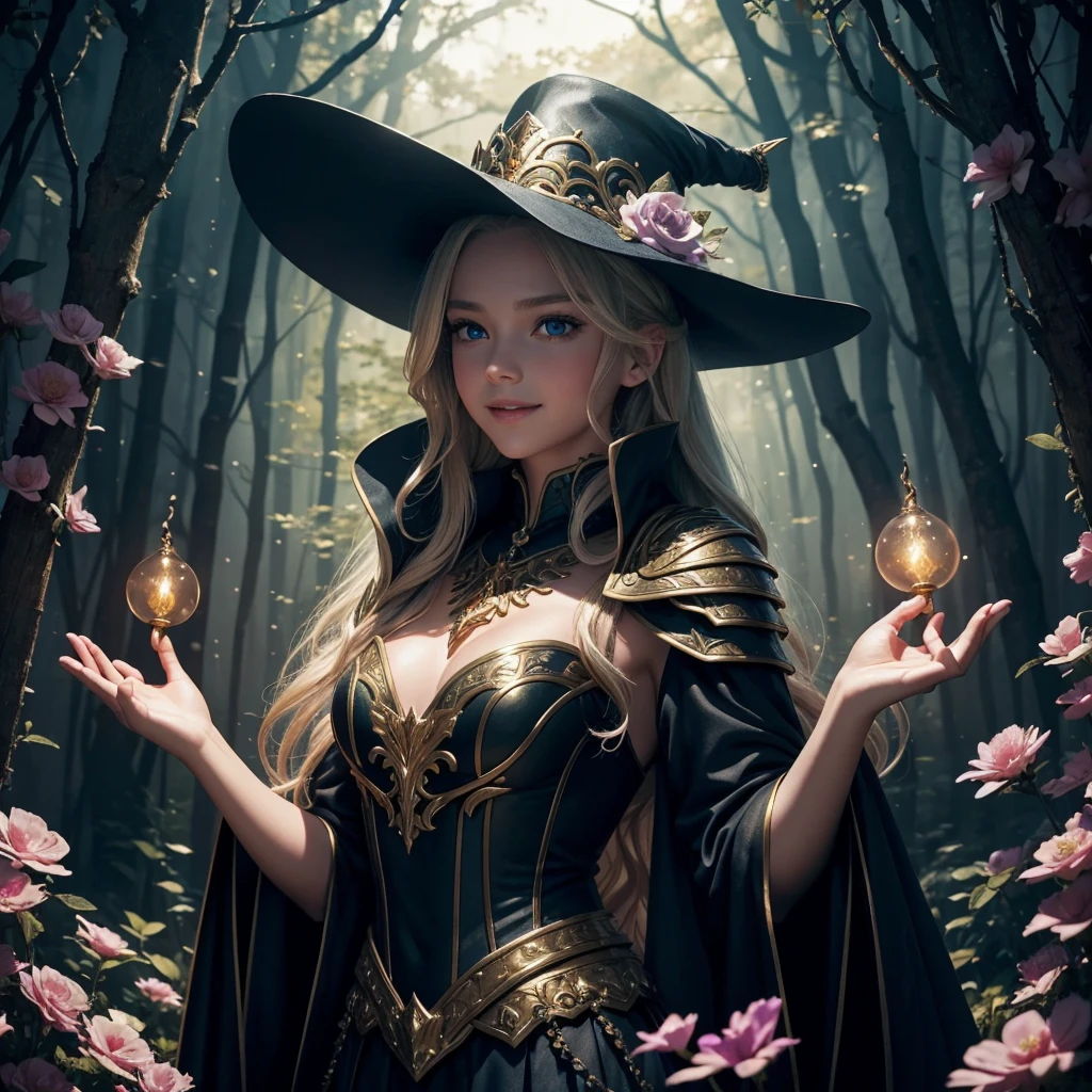 cute blond girl with golden witch chesplate armor, experiencing a gender-bending ritual. She now has enchanting blue eyes and long blond wavy princess braid hair. Her pretty face has soft feminine features and she has lipstick gloss applied on her lips. This new girl is joyful and smiling. She absolutely loves her new identity, embracing the gift of femininity bestowed upon her. Her appearance is striking, adorned in a stunning golden witch chestplate armor with ruby crystal in her neck with intricate details and voluminous skirt fitting for a maiden of the arcane. She also wears a pair of high heels. Completing the look, she wears a pointy hat, symbolizing her newfound magical abilities. The artwork depicts the new girl surrounded by an aura of magic and mystery, radiating an aura of confidence and empowerment. The image showcases an artistic style that combines elements of fantasy and realism, highlighting the intricate details of the boy's transformation into a girl. The color palette leans towards pastel shades, enhancing the whimsical and enchanting atmosphere. The lighting in the scene is soft and dreamy, casting a captivating glow on the girl and emphasizing the magical elements. This artwork is of the best quality, with ultra-detailed features and a photorealistic depiction. It captures the imagination and evokes a sense of wonder, inspiring viewers to embrace their own unique identities and embrace the magic within themselves.
