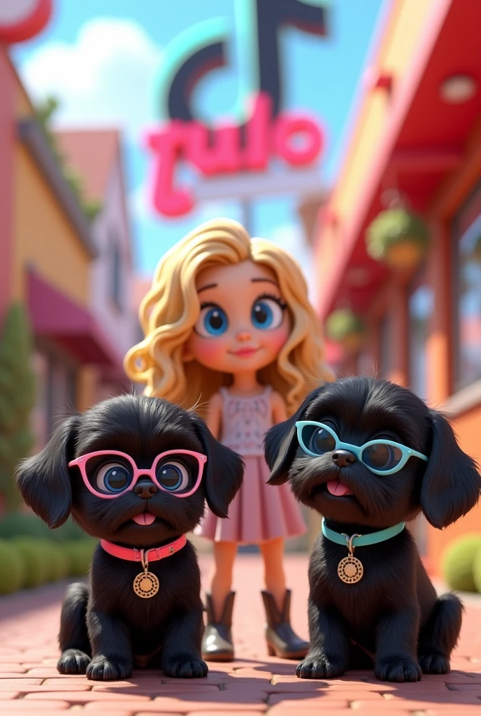 2 aforable black shih tzu puppies with bright blue eyes wearing bright collars and sunglasses 1 cute blonde girl with blue eyes wearing a dress and cowboy boots posing next to the tiktok logo 3D Pixar style