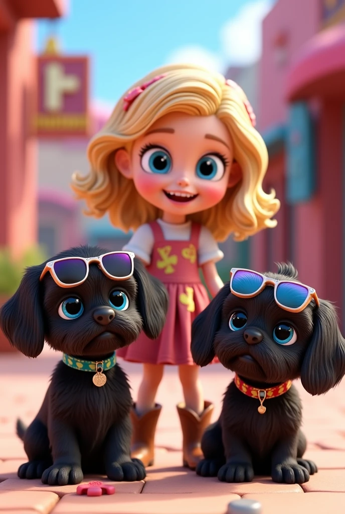 2 aforable black shih tzu puppies with bright blue eyes wearing bright collars and sunglasses 1 cute blonde girl with blue eyes wearing a dress and cowboy boots posing next to the tiktok logo 3D Pixar style