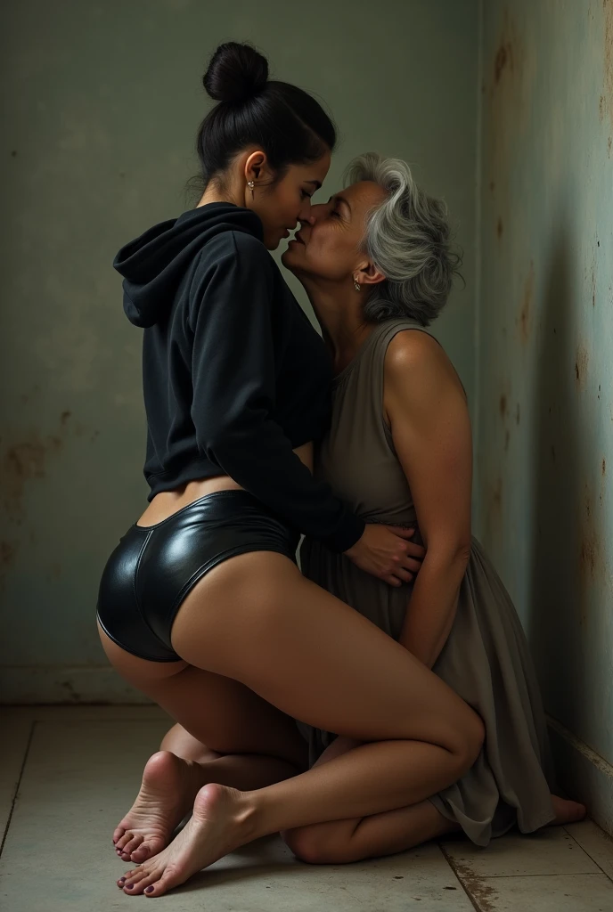 black woman hair in a bun black hoodie black leather short shorts a old grandma in a dress on her knees kissing her ass behind her
lesbians