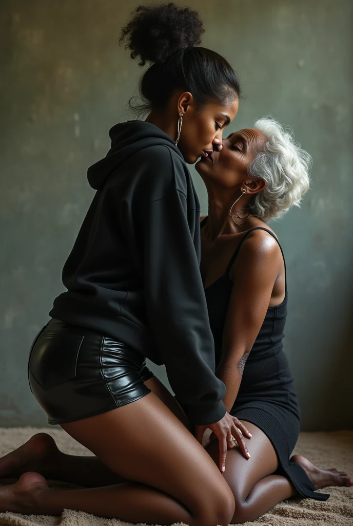 black woman hair in a bun black hoodie black leather short shorts a old grandma in a dress on her knees kissing her ass behind her squeezing her ass cheeks and kissing her pussy