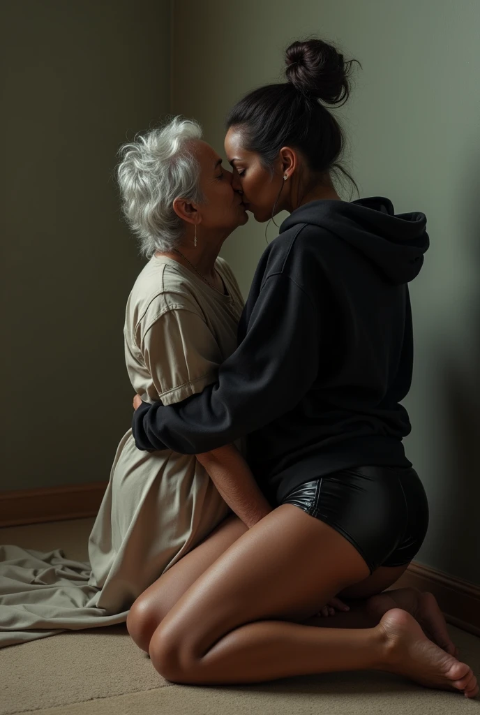 black woman hair in a bun black hoodie black leather short shorts a old grandma in a dress on her knees kissing her ass behind her squeezing her ass cheeks and kissing her pussy