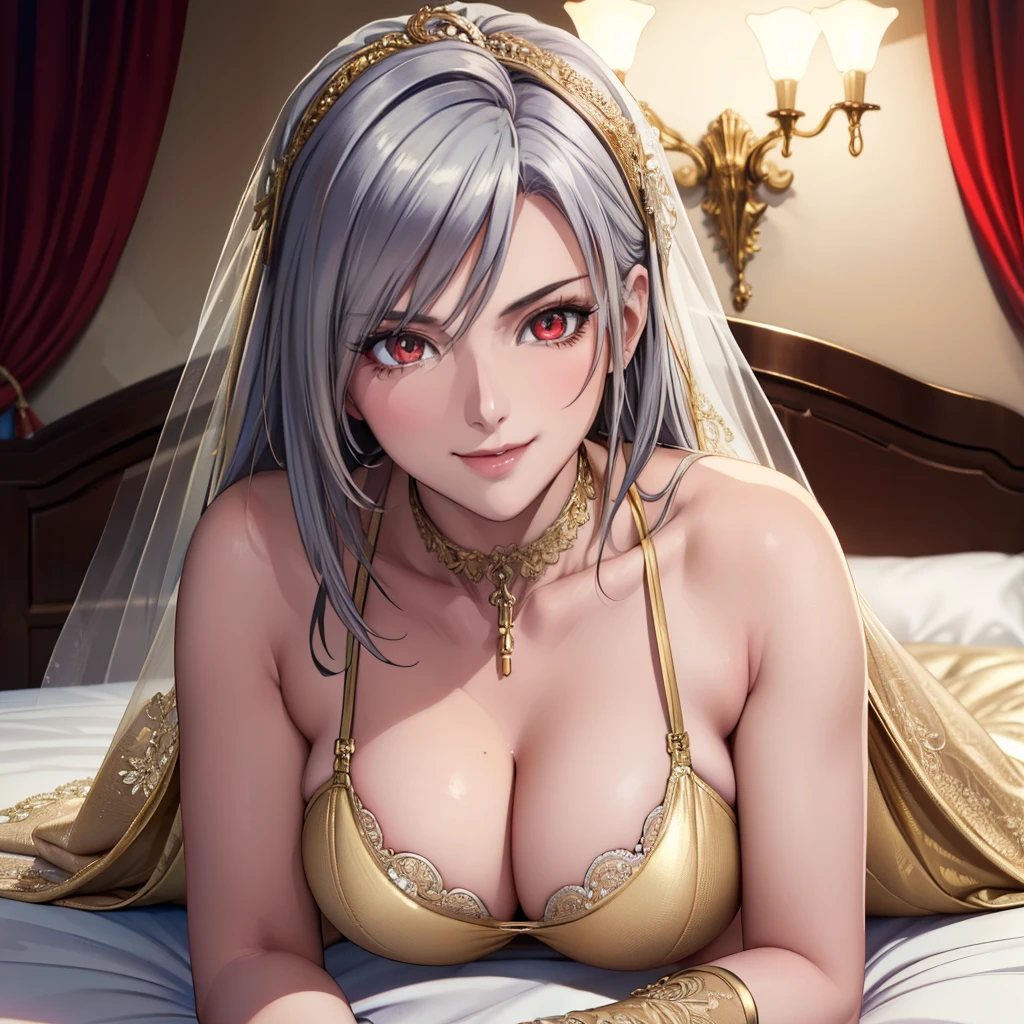 (masterpiece, best quality, beautiful and aesthetic:1.3), Elegant mature woman, 1woman, long silver hair, small breast, red eyes with slit pupils, ((gold wedding dress)), garterbelt with gold stocking, laying top of bed, bedroom, light smile