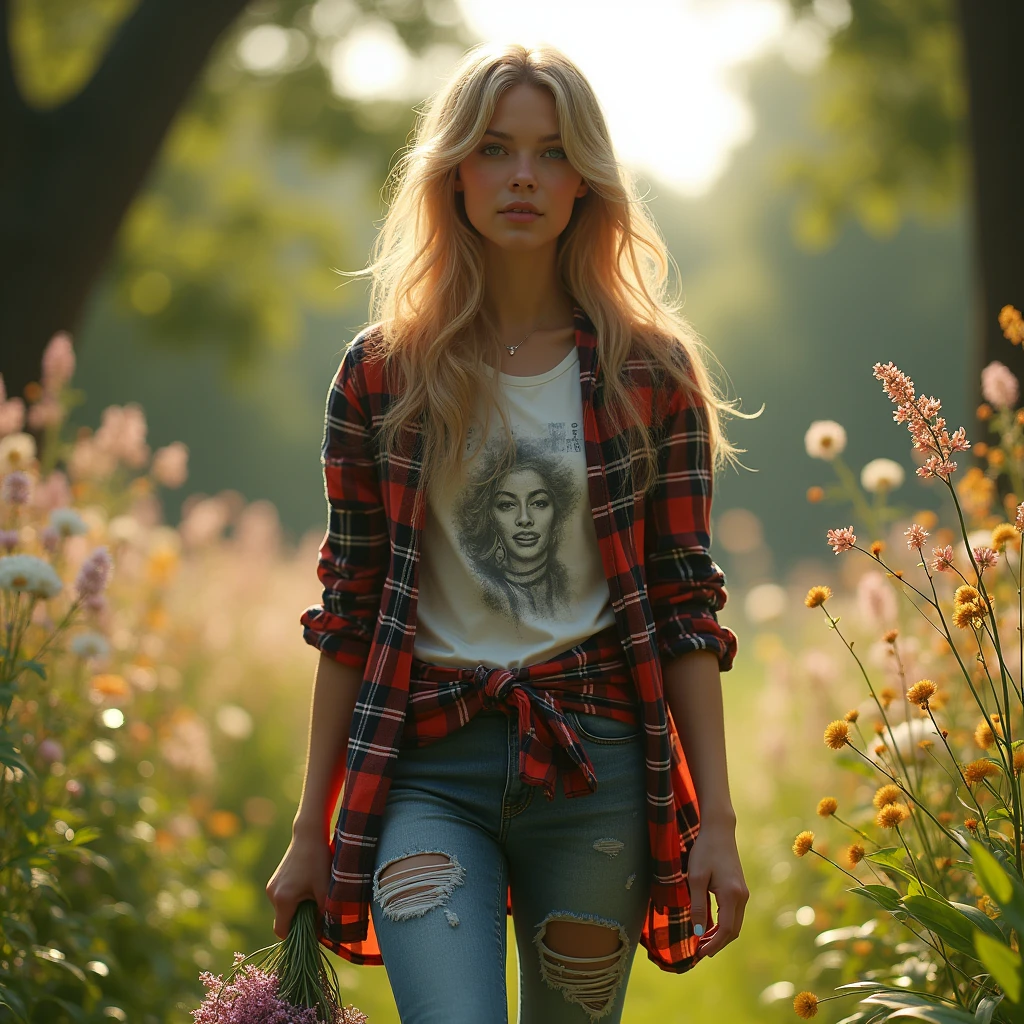 A 19-year-old woman walking through Exbury Gardens, dressed in a relaxed streetwear outfit consisting of a flannel shirt tied around her waist over a graphic tee and distressed jeans. She’s holding a bouquet of wildflowers, surrounded by lush greenery and vibrant blossoms, giving the scene a serene and natural atmospherehyperrealistic, unreal engine5, photorealistic, full body, American planedetailed, ultrarealistic, beautiful, goddess body, perfect body, perfect anatomy, gold costume details, stones beautiful, diamonds, flashes of light around her, perfectly illuminated