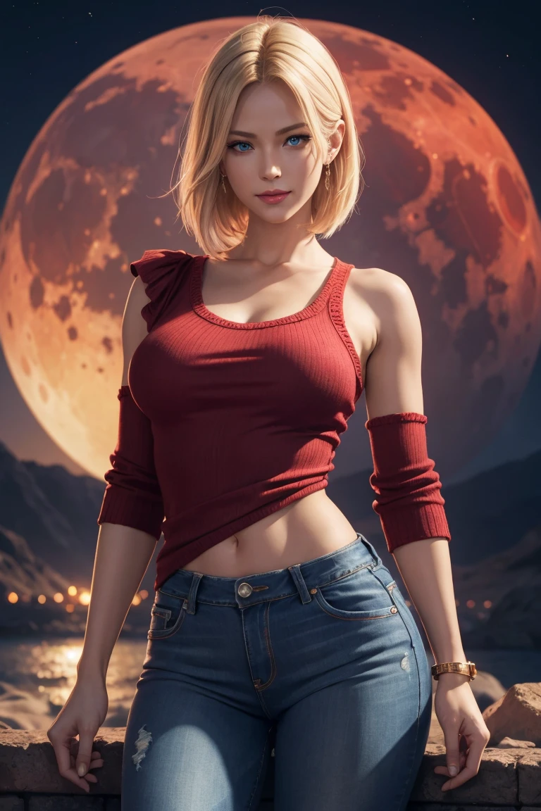 KOF,King of Fighters,Blue Mary,Blue Eyes,Blonde Hair,Medium Hair,Beautiful white skin,Photorealistic,Ultra HD,high quality,masterpiece,Digital SLR,Detailed details,Intricate details,Anatomical basis,Depicted in detail,A detailed face,Realistic skin texture,Vivid details,Perfect Anatomy,Perfect Anatomy,Anatomically correct hand,Anatomically correct fingers,Super Detail,Complex 3D rendering,Sexy pose,Red knitted tops,No sleeve,jeans,Fantasy worldview,Beautiful red sea,Beautiful Red Moon,Beautiful night sky,Petals of roses dance,Picturesque,Pink Lips,smile,