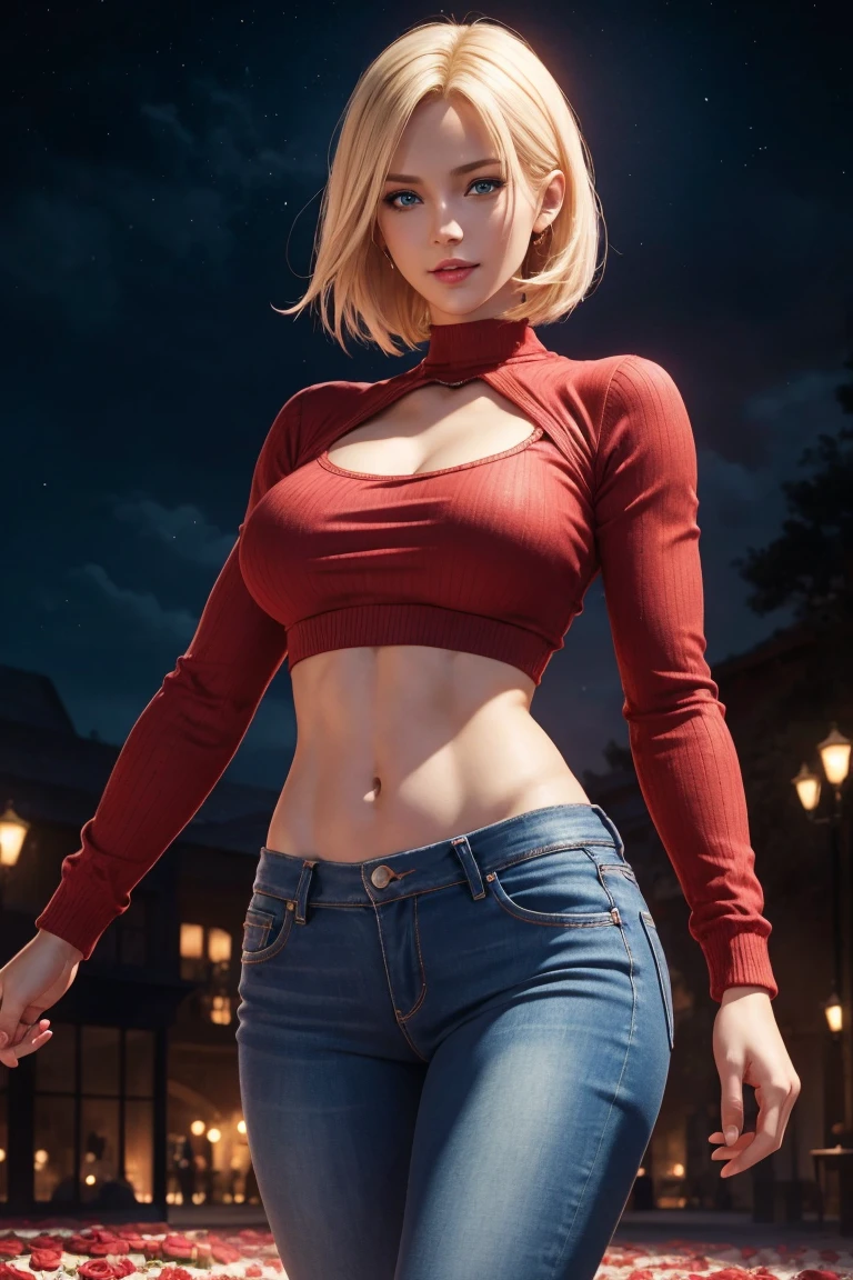 KOF,King of Fighters,Blue Mary,Blue Eyes,Blonde Hair,Medium Hair,Beautiful white skin,Photorealistic,Ultra HD,high quality,masterpiece,Digital SLR,Detailed details,Intricate details,Anatomical basis,Depicted in detail,A detailed face,Realistic skin texture,Vivid details,Perfect Anatomy,Perfect Anatomy,Anatomically correct hand,Anatomically correct fingers,Super Detail,Complex 3D rendering,Sexy pose,Red knitted tops,No sleeve,jeans,Fantasy worldview,Beautiful red sea,Beautiful Red Moon,Beautiful night sky,Petals of roses dance,Picturesque,Pink Lips,smile,