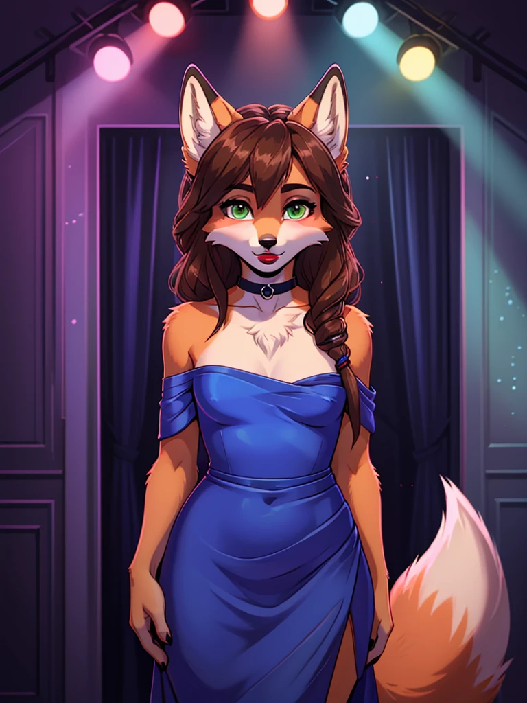 Best quality, furry male fox with green eyes, with brown long hair, with black spout, with red lipstick on lips, big lips, in a blue dress, crossdressing,  shy, choker on the neck, off-the-shoulder dress, flirts, shows her lips, sexy pose, portrait, against the backdrop of an empty nightclub