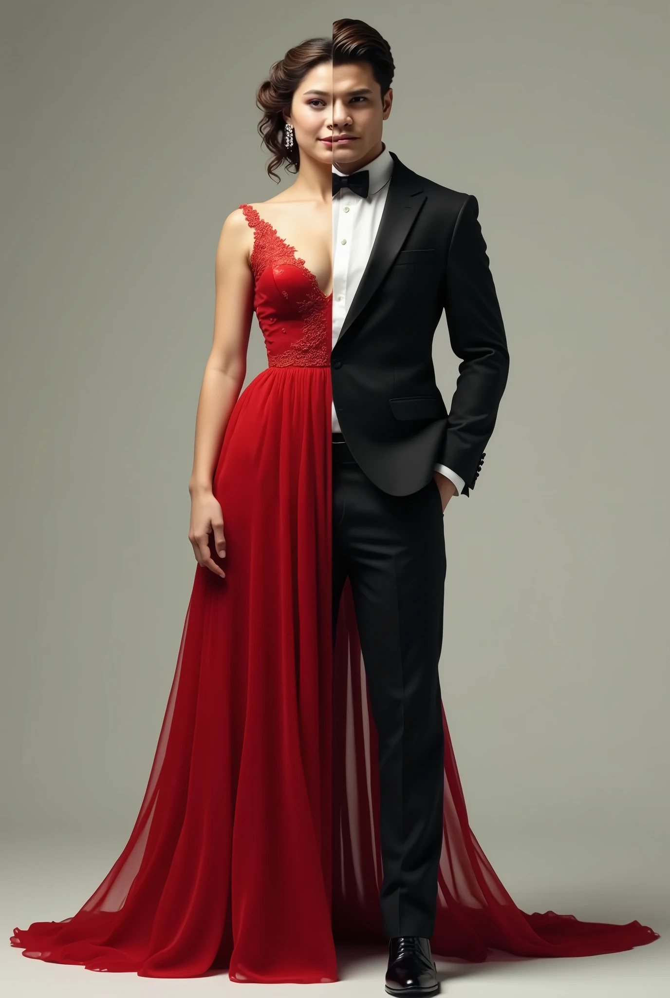 A striking figure is clearly divided down the middle, with one half representing a woman and the other a man. The female half is elegantly dressed in a flowing, red evening gown with delicate lace detailing along the neckline and sleeves. Her hair is styled in soft curls, and she wears a single earring that sparkles in the light. The male half is dressed in a sharp, black tuxedo with a crisp white shirt and a bow tie. His hair is neatly combed, and he sports a polished black shoe. The contrast between the two halves is seamless yet distinct, highlighting the duality of gender in a single person. [Una figura sorprendente è chiaramente divisa a metà, con una parte che rappresenta una donna e l'altra un uomo. La metà femminile è elegantemente vestita con un abito da sera rosso, fluente, con delicati dettagli in pizzo lungo lo scollo e le maniche. I suoi capelli sono acconciati in morbidi riccioli e indossa un solo orecchino che brilla alla luce. La metà maschile è vestita con un elegante smoking nero, una camicia bianca impeccabile e un papillon. I suoi capelli sono pettinati con cura e indossa una scarpa nera lucida. Il contrasto tra le due metà è fluido ma distinto, evidenziando la dualità di genere in una sola persona.]
