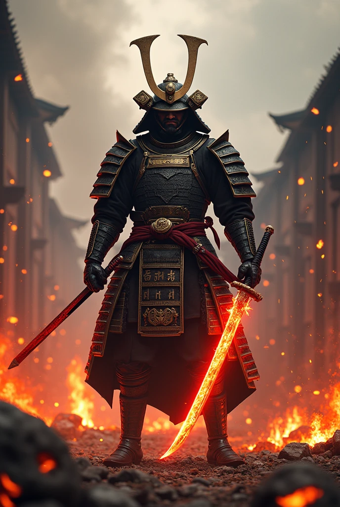 A shogun in a burning village angry holding his katana which red in color with hot tempered blade and he is alone
He has his full Armor with helmet 
