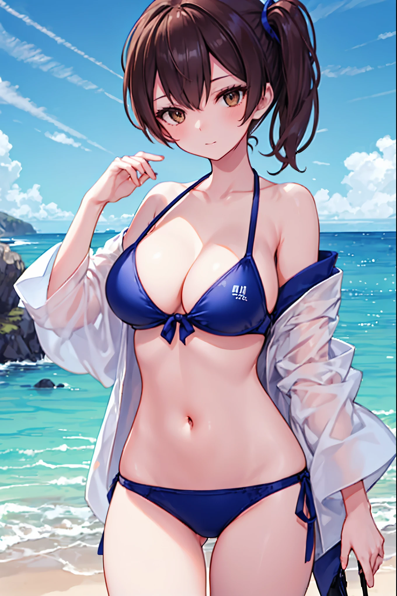 Beautiful illustration、top-quality、Kaga_kantaicollection
brown_hair, Side_Ponytail, brown_Eyes, Short_hair, (big_breasts:1.5) long_hair、Blue Bikini、 coast_landscape,(abs:0.5),navel,solo,(light_smile:0.6),(solo:1.5)。sandals,