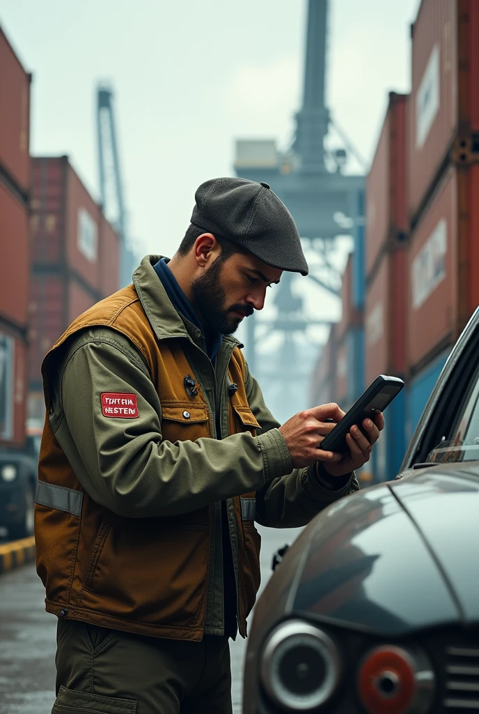 worker holding handheld, checking car, vehicle terminal in seaport, high realistic, super detailed