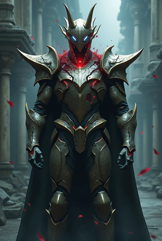 The armor is half-destroyed, and the power of the beast sealed inside the armor is erupting.,Red light leaks out from the damaged area of the head armor.