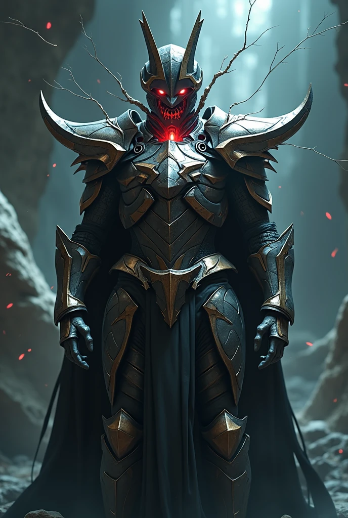 The armor is half-destroyed, and the power of the beast sealed inside the armor is erupting.,Red light leaks out from the damaged area of the head armor.