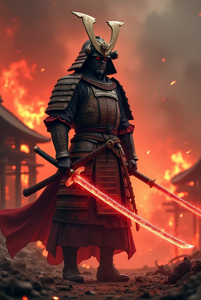 A shogun in a burning village angry holding his katana which red in color with hot tempered blade and he is alone
He has his full Armor with helmet and there is dragon aura coming from his back