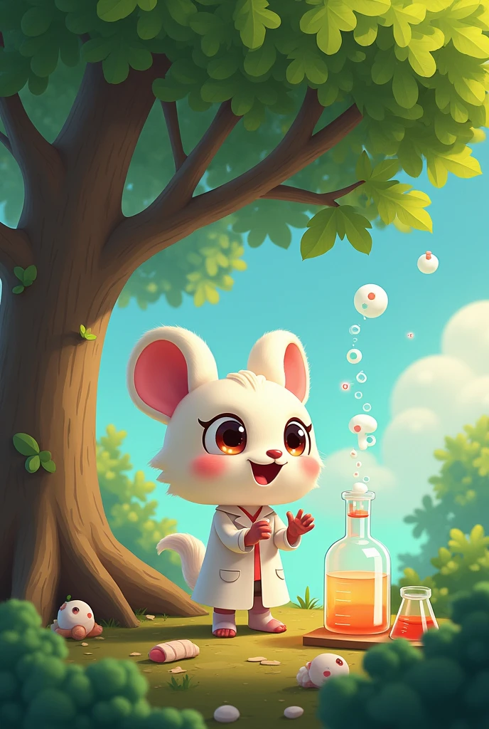 Image character of camphor tree cute He's wearing a white coat and doing an experiment.