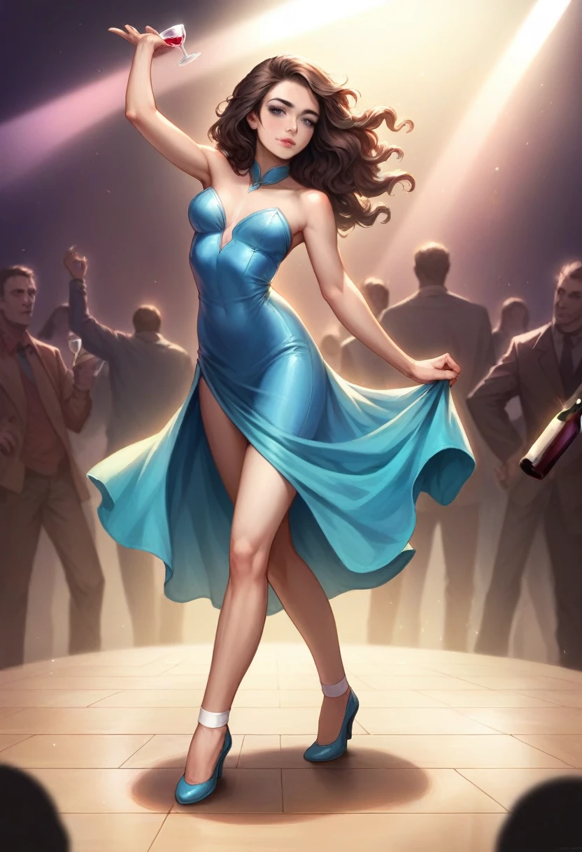 high quality, 45k, super realistic, photorealistic, detailed portrait,Asian desi female with Long dark brown wavy hair, grey eyes , thin glossy lips , light makeup wearing royal blue A-Line dress with white ankle strap pump as she having a wine glass as  people dancing behind in a club full length view