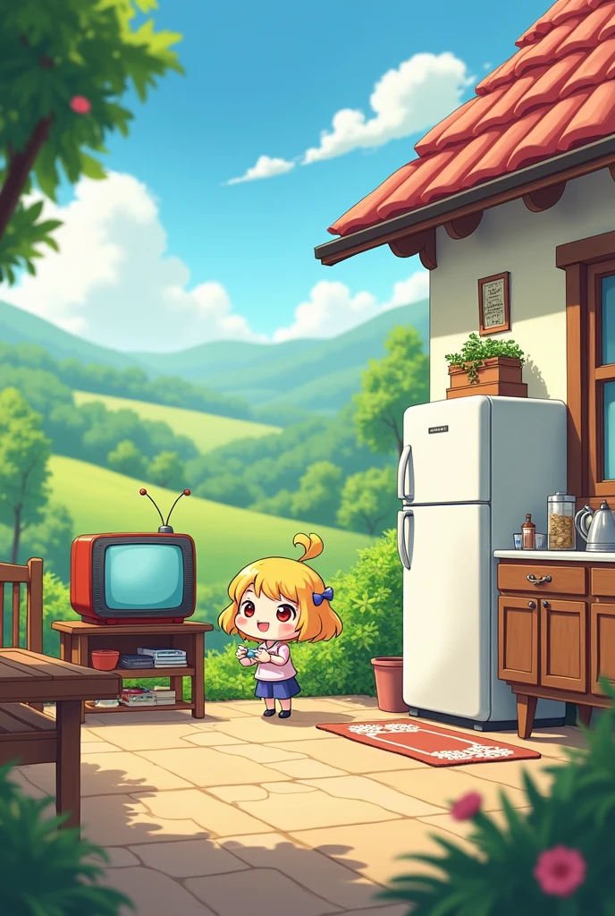 tv set、refrigerator、anime、character、cute、daily、landscape、countryside、Vibrant