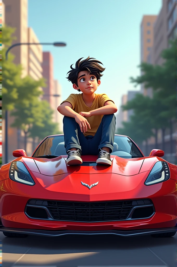 boy seating on red car