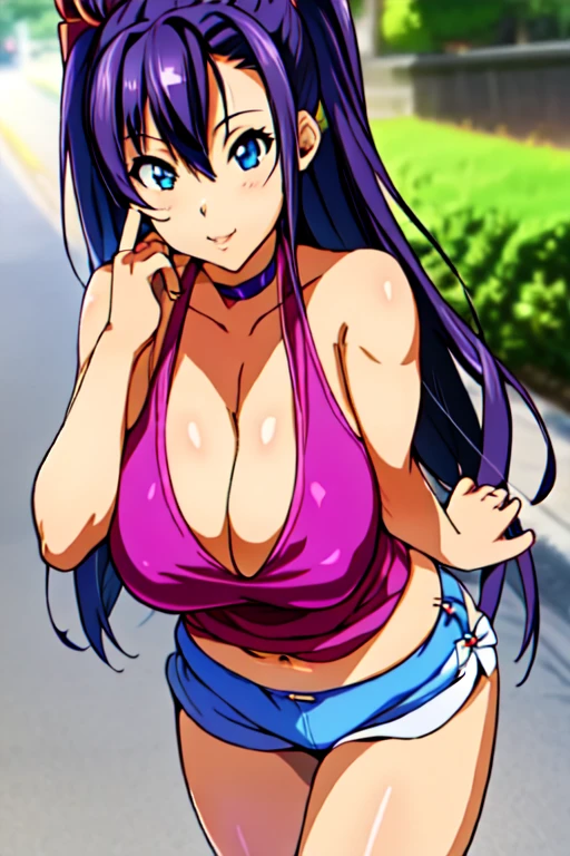 Amaya haruko,Maken-ki,perfect eyes:1.2, detailed eyes:1.4, Tank top with cleavage,Open navel,Hotpants,strip colored Tigh sock,skindentation,Blue eyes, Purple hair, bangs, flashy wavy long hair, 20yo, Young female, Beautiful Finger, Beautiful long legs, Beautiful body, Beautiful Nose, Beautiful character design, perfect balance, smile, 1girl, solo, (masterpiece:1.6, best quality), 8k, insane details, hyperdetailed, hyper quality, high detail, ultra detailed, professional, HDR, ray tracing reflection, cinematic lighting,((Cleavage)),Busty,Big breast,ear piercing,Love shaped necklace,Half eyes open,Eyeshadow,Thick lips,Bracelet,Long nail,Ring,Chocker,Tanned skin,Blond hair,Detailed hands,fullbody view,Walking in the street