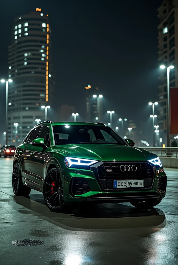 Dark green audi Sq5 with numberplate written DEEJAY EMS