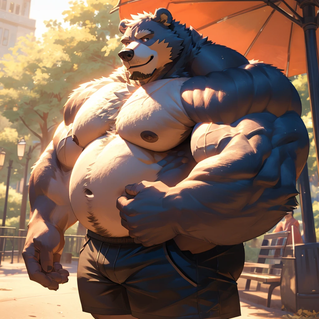 1boy, 1man, solo, a potrait (furry bear), (face:1.3, detailed face), chubby, fat belly, huge belly, Park, extremely huge muscular, massive muscular , (topless, shirtless, shorts), well-muscled old man. ((extremely muscle size, super thick arms, huge pec, hyper pec, bigger chest, extremely wide pectoral , huge arms)), wide smiling. Add textures and details to make the image more realistic, such as the appearance of the. Make sure the resulting image is high resolution, 8K quality