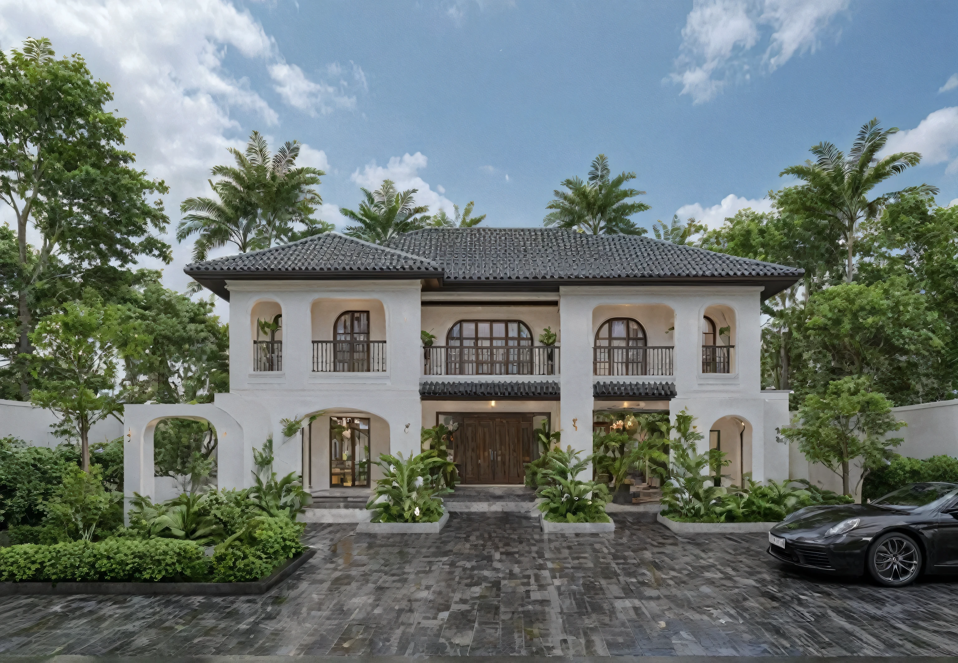 Raw photo,Masterpiece, high quality, best quality, authentic, super detail, hedge plant, water fountain outdoor, roof tiles,
exterior, outdoors, house style indochine on the street ,aiaigroup
road,pavement, grass, trees, sky, cloud, (day:1.1)