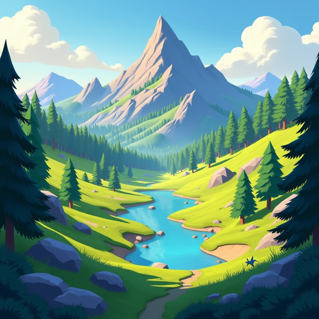 Create a videogame main manu background, is a survival videogame, be creative, PC background, make it in a little mountain with good ilumination, make it style animated, with strength colors, make with a little lake, with trees and little caves in a meadow with best colors, make rocks and tress but less mountain, a more more less mountain, no animals, and make more meadow, make more trees and make the best colors, yes now close the mini caves only