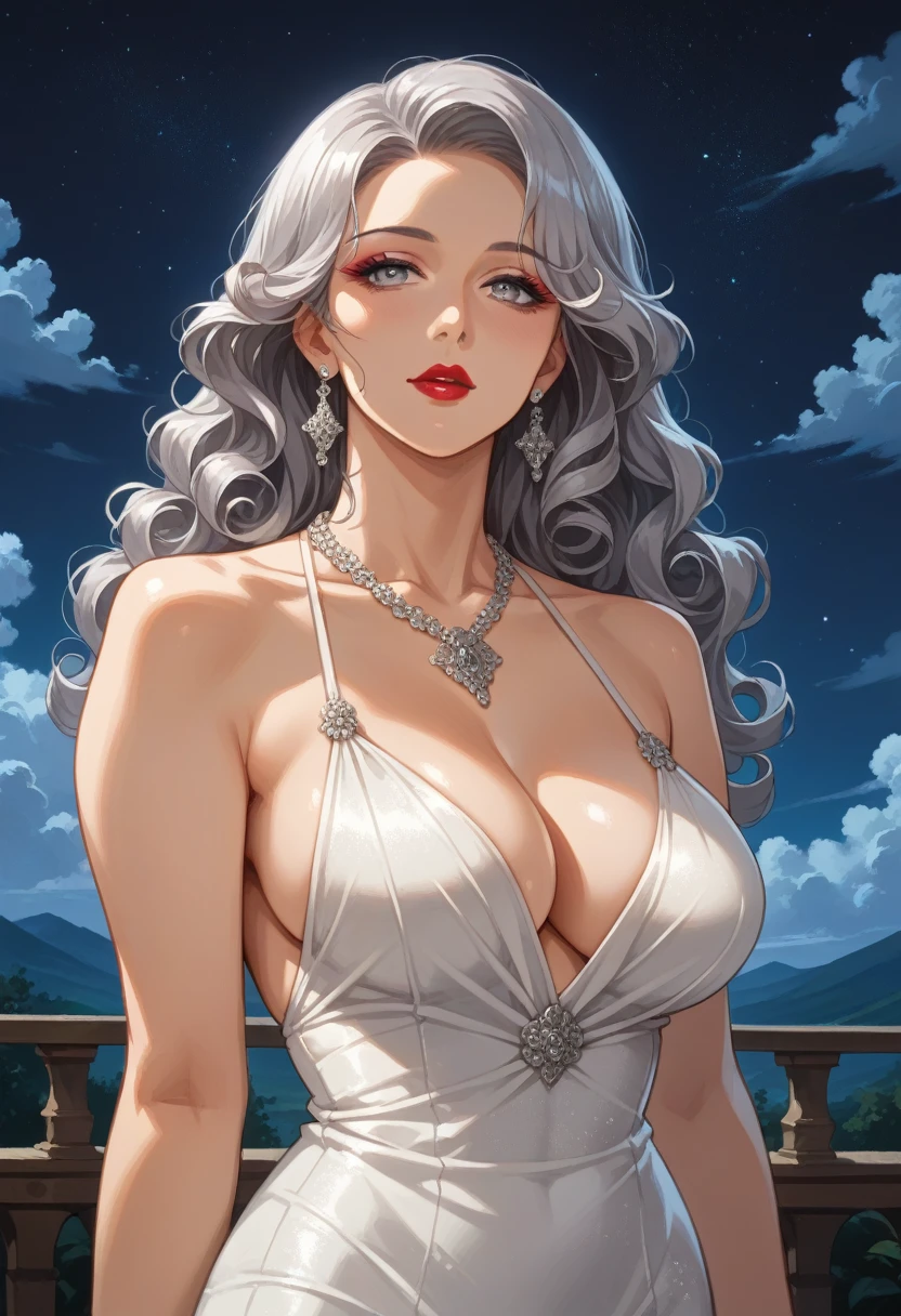 Anime, High-resolution illustrations, unrivaled masterpiece, ultra-realistic 8k CG, perfect artwork, (fidelity: 1.5), ((night)), cloudy, Very beautiful woman, ((mature woman)), pale skin, silver eyes, a gorgeous woman, breathtaking beauty, perfect skin, long hair, curly hair, silver hair, curly, perfect hourglass figure, (curvy body), ((makeup)) large breasts:1.2, (Compressed chest:1.3), (tempting body), create an image of a fantasy character wearing a backless white maxi dress that outlined her seductive body, makeup, lipstick, necklace, character in the middle, standing