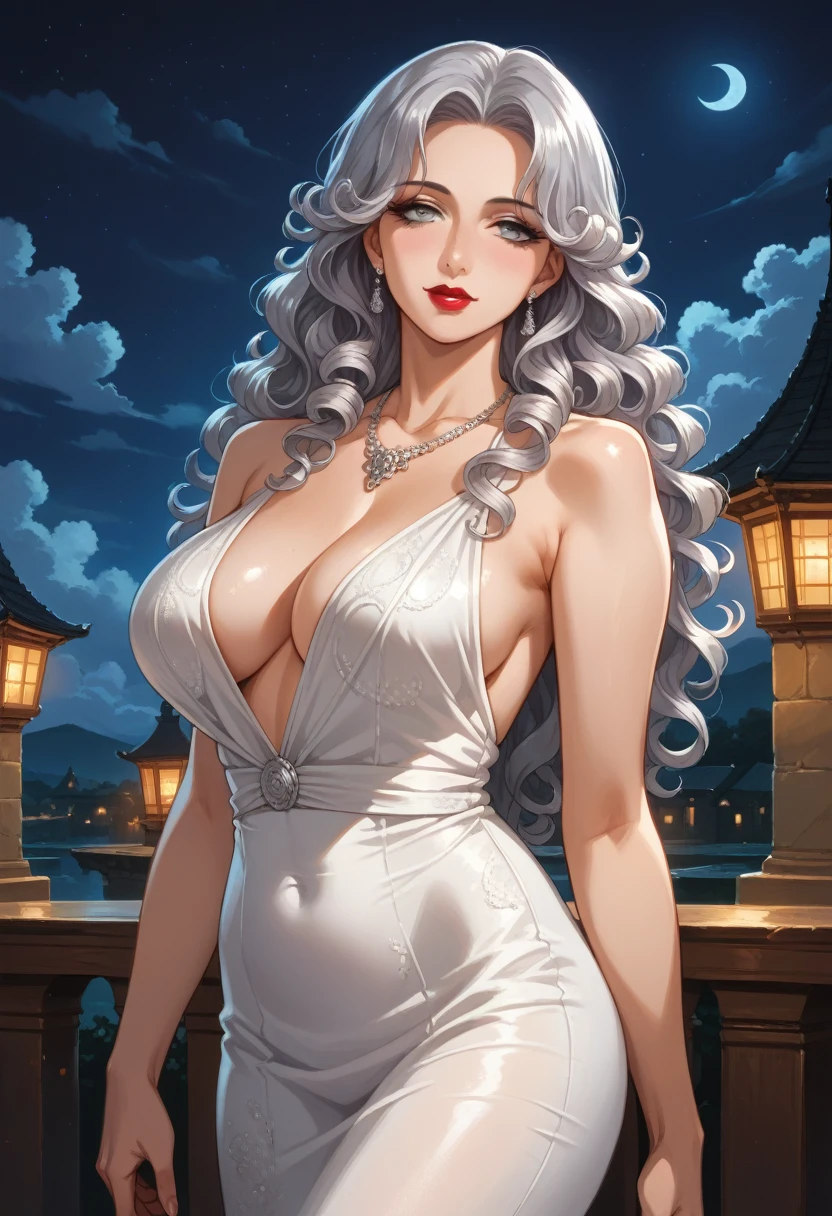 Anime, High-resolution illustrations, unrivaled masterpiece, ultra-realistic 8k CG, perfect artwork, (fidelity: 1.5), ((night)), cloudy, Very beautiful woman, ((mature woman)), pale skin, silver eyes, a gorgeous woman, breathtaking beauty, perfect skin, long hair, curly hair, silver hair, curly, perfect hourglass figure, (curvy body), ((makeup)) large breasts:1.2, (Compressed chest:1.3), (tempting body), create an image of a fantasy character wearing a backless white maxi dress that outlined her seductive body, makeup, lipstick, necklace, character in the middle, standing