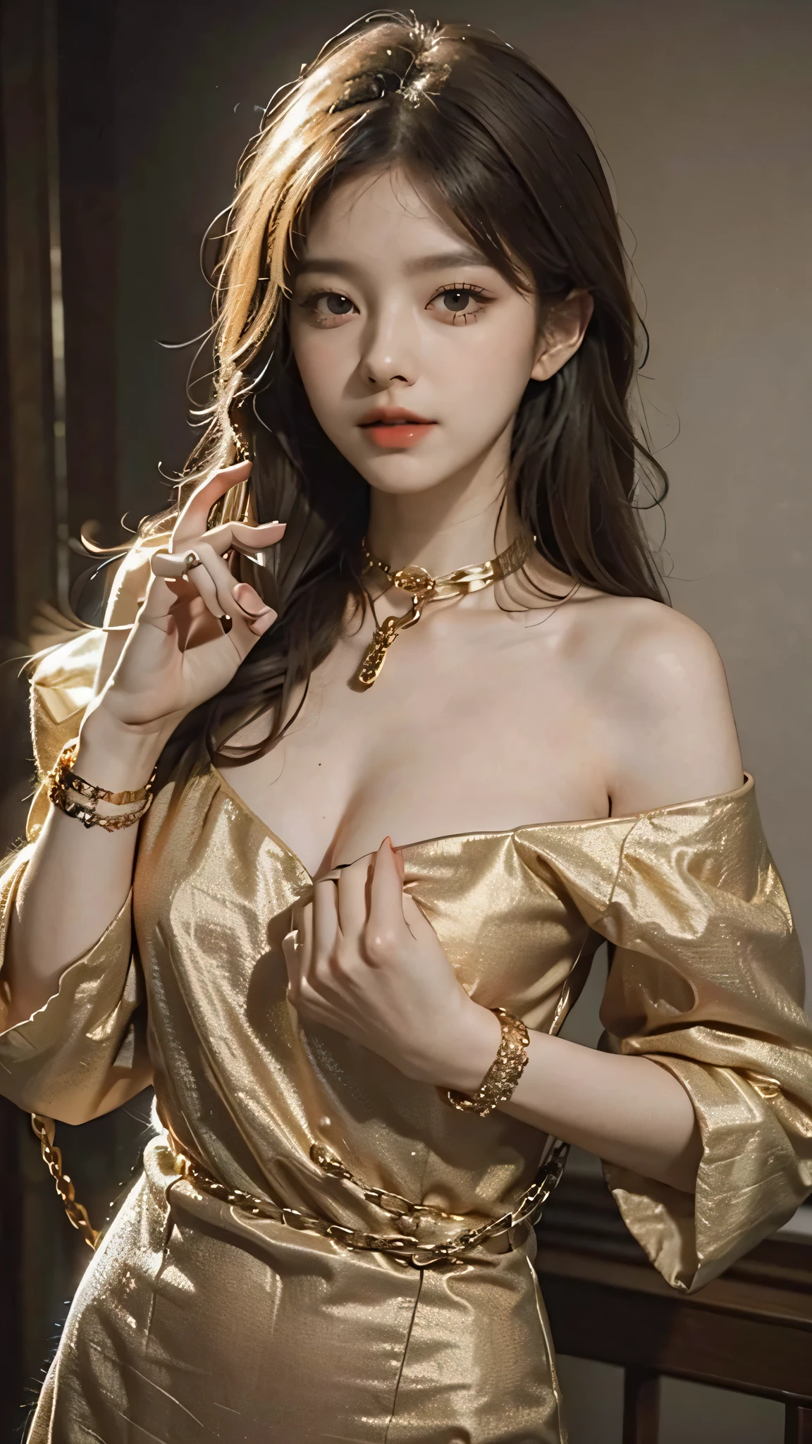 Gold handcuffs on the chain, around the neck