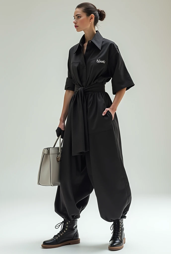 Create a design for women that is avant-garde and conceptual, that can be used to go to work, go to a party, but in the same way to exercise, that carries a handbag as an accessory, that it looks elegant and sophisticated