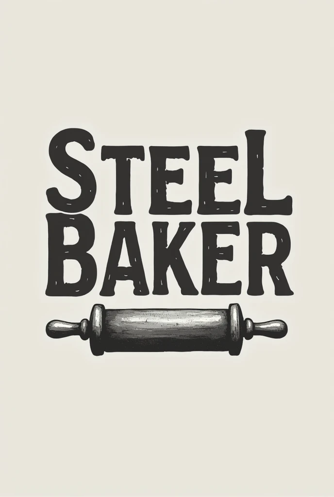 Make a blank logo, gray and black that says "Steel Baker" with minimalist letters that look like ancient symbols, that has a rolling pin and a dumbbell in the background